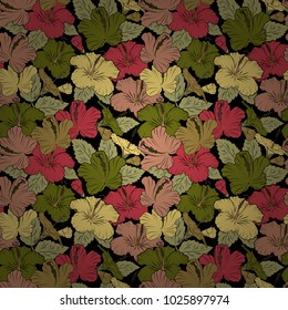 For backgrounds, textiles, wrapping papers, greeting cards. Vector illustration. Romantic seamless pattern with watercolor bouquet of abstract hibiscus flowers in brown, pink and black colors.