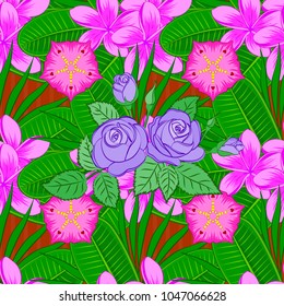 For backgrounds, textiles, wrapping papers, greeting cards. Vector sketch. Romantic seamless pattern with watercolor bouquet of abstract rose flowers and green leaves in pink, magenta and green colors