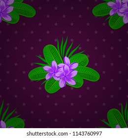 For backgrounds, textiles, wrapping papers, greeting cards. Vector illustration. Romantic seamless pattern with watercolor bouquet of plumeria flowers in green, violet and purple colors.