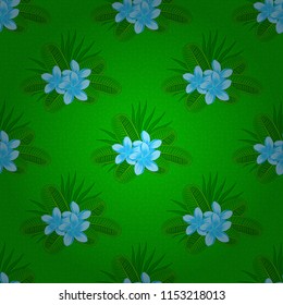 For backgrounds, textiles, wrapping papers, greeting cards. Vector illustration. Romantic seamless pattern with watercolor bouquet of plumeria flowers in blue and green colors.