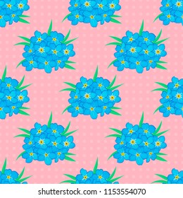 For backgrounds, textiles, wrapping papers, greeting cards. Vector illustration. Romantic seamless pattern with watercolor bouquet of abstract forget-me-not flowers in blue, green and yellow colors.