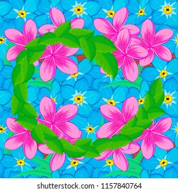 For backgrounds, textiles, wrapping papers, greeting cards. Vector illustration. Romantic seamless pattern with watercolor bouquet of plumeria flowers in pink, blue and green colors.