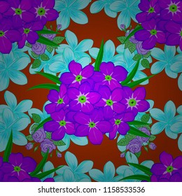 For backgrounds, textiles, wrapping papers, greeting cards. Vector illustration. Romantic seamless pattern with watercolor bouquet of abstract primula flowers in orange, blue and violet colors.