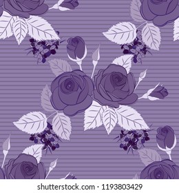 For backgrounds, textiles, wrapping papers, greeting cards. Vector design. Romantic seamless pattern with watercolor bouquet of abstract rose flowers and green leaves in violet, gray and purple colors