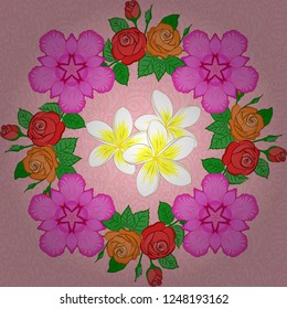 For backgrounds, textiles, wrapping papers, greeting cards. Vector illustration. Romantic seamless pattern with watercolor bouquet of abstract plumeria flowers in pink, green and magenta colors.