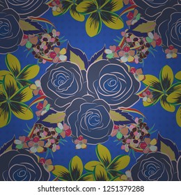 For backgrounds, textiles, wrapping papers, greeting cards. Vector sketch. Romantic seamless pattern with watercolor bouquet of abstract rose flowers and leaves in pink, blue and yellow colors.