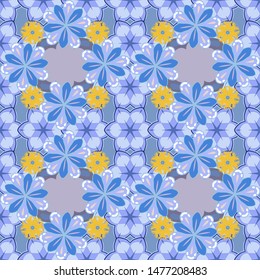 For backgrounds, textiles, wrapping papers, greeting cards. Romantic seamless pattern with watercolor bouquet of abstract flowers in yellow, white and blue colors. Vector illustration.