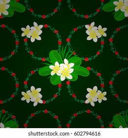 For backgrounds, textiles, wrapping papers, greeting cards. Vector illustration. Romantic seamless pattern with watercolor bouquet of abstract plumeria flowers on a green background.