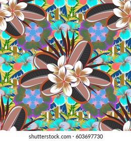 For backgrounds, textiles, wrapping papers, greeting cards. Vector illustration. Romantic seamless pattern with watercolor bouquet of abstract flowers in blue and beige colors.