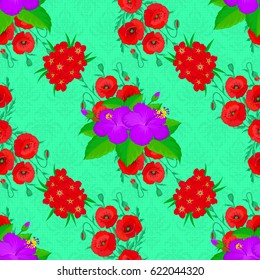 For backgrounds, textiles, wrapping papers, greeting cards. Vector illustration. Romantic seamless pattern with watercolor bouquet of abstract hibiscus flowers on a green background.
