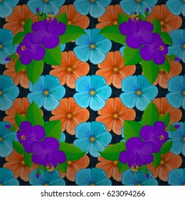 For backgrounds, textiles, wrapping papers, greeting cards. Vector illustration. Romantic seamless pattern with watercolor bouquet of abstract cosmos flowers on a blue background.