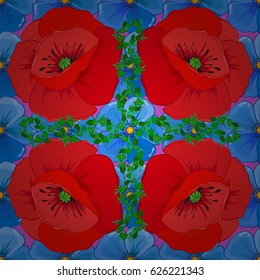 For backgrounds, textiles, wrapping papers, greeting cards. Vector illustration. Romantic seamless pattern with watercolor bouquet of abstract poppy flowers on a violet background.