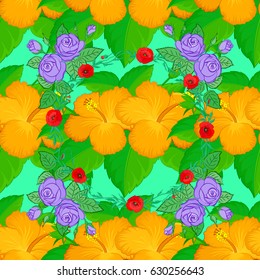 For backgrounds, textiles, wrapping papers, greeting cards. Vector illustration. Romantic seamless pattern with watercolor bouquet of abstract hibiscus flowers on a green background.