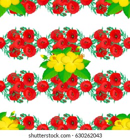 For backgrounds, textiles, wrapping papers, greeting cards. Vector illustration. Romantic seamless pattern with watercolor bouquet of abstract hibiscus flowers on a white background.