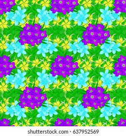 For backgrounds, textiles, wrapping papers, greeting cards. Vector illustration. Romantic seamless pattern with watercolor bouquet of abstract primula flowers on a green background.