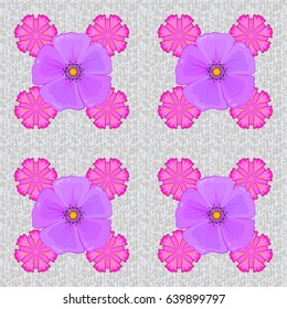 For backgrounds, textiles, wrapping papers, greeting cards. Vector illustration. Romantic seamless pattern with watercolor bouquet of abstract cosmos flowers on a gray background.