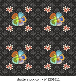For backgrounds, textiles, wrapping papers, greeting cards. Vector illustration. Romantic seamless pattern with watercolor bouquet of abstract flowers in orange and blue colors.