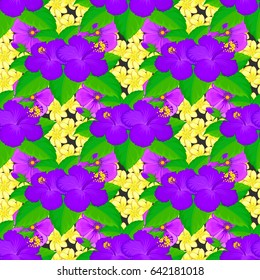 For backgrounds, textiles, wrapping papers, greeting cards. Vector illustration. Romantic seamless pattern with watercolor bouquet of abstract hibiscus flowers on a gray background.