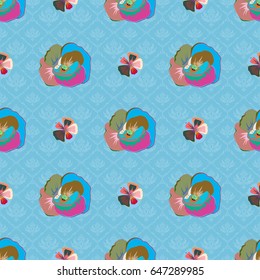 For backgrounds, textiles, wrapping papers, greeting cards. Vector illustration. Romantic seamless pattern with watercolor bouquet of abstract flowers in blue, green and pink colors.