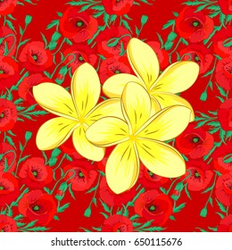 For backgrounds, textiles, wrapping papers, greeting cards. Vector illustration. Romantic seamless pattern with watercolor bouquet of abstract plumeria flowers on a red background.