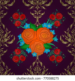 For backgrounds, textiles, wrapping papers, greeting cards. Vector art. Romantic seamless pattern with watercolor bouquet of abstract rose flowers and green leaves in neutral, purple and orange colors