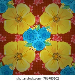 For backgrounds, textiles, wrapping papers, greeting cards. Vector illustration. Romantic seamless pattern with watercolor bouquet of abstract cosmos flowers in yellow, orange and blue colors.