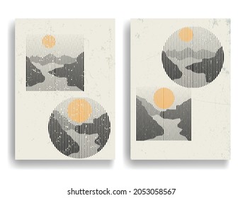 Backgrounds with various geometric elements in modern art style . Wall art . Abstract creative composition .Minimal design with geometric shapes . Wall decoration . Vector illustration .