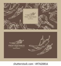 Backgrounds with vegetables: chili pepper, tomato, pepper, onion. hand drawn.