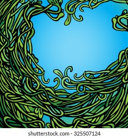 Background.Type upwards. Sky, leaves. Hole. Natural background. Long vines.