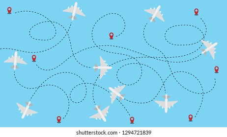 Background/wallpaper of airplanes,planes are flying on the blue color background with plane path and location icon
