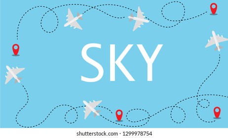 Background/wallpaper of airplanes,planes are flying on the blue color background with plane path and location icon