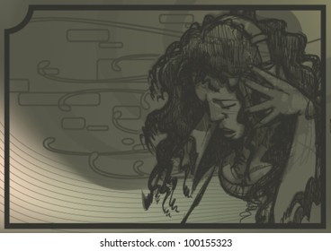 Background/Wallpaper whit girl that wearing headphones, she listening music. Background whit waves and abstract signs. Woman shape are 4 different layers. / Listening Girl