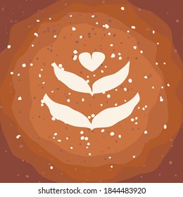 Backgroung with the barista work - latte art on cappuccino with milk foam and cinnamon. Top view on coffee. Vector art for site or menu of cafe, coffee shop and takeaway coffee stall.