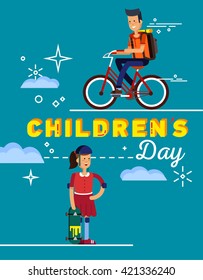 Backgroung Children's Day. Kids active. Happy boy riding bike. Card for holiday Children. Celebration Children's Day. Typography. Happy girl ride to skateboarding. Smile children day. Happy kids day