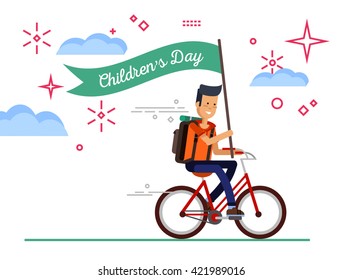 Backgroung Children's Day. Kids Active. Happy Boy Riding Bike. Card For Holiday Of Children. Celebration Children's Day. Typography.  Smile Children Day. Happy Children Day