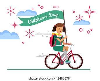 Backgroung Children's Day. Kids Active. Happy Girl Riding Bike. Card For Holiday Of Children. Celebration Children's Day. Typography. Smile Children Day. Happy Children Day