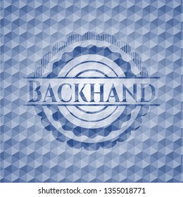 Backhand blue emblem with geometric background.