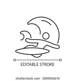 Backhand bottom turn in surfing linear icon. Performing fundamental manoeuvre. Backside turn. Thin line customizable illustration. Contour symbol. Vector isolated outline drawing. Editable stroke