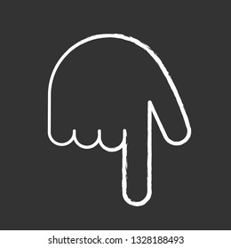 Backhand index pointing down chalk icon. Turn back finger pointer. Hand gesture emoji. Isolated vector chalkboard illustration
