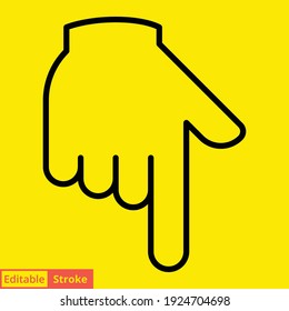 Backhand index pointing down line icon. Simple outline style. Hand, down, arrow, finger concept. Vector illustration isolated on yellow background. Editable stroke EPS 10
