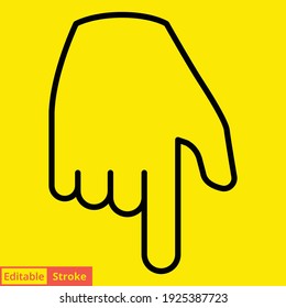 Backhand index pointing down line icon. Simple outline style. Hand, down, arrow, finger concept. Vector illustration isolated on yellow background. Editable stroke EPS 10