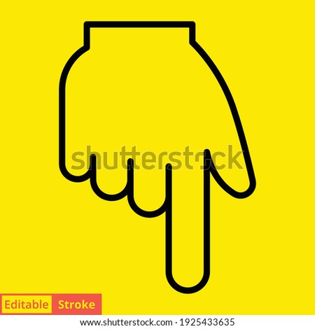 Backhand index pointing down line icon. Simple outline style. Hand, down, arrow, finger concept. Vector illustration isolated on yellow background. Editable stroke EPS 10