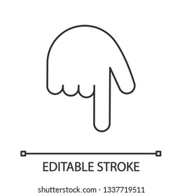Backhand index pointing down linear icon. Thin line illustration. Turn back finger pointer. Hand gesture emoji. Contour symbol. Vector isolated outline drawing. Editable stroke