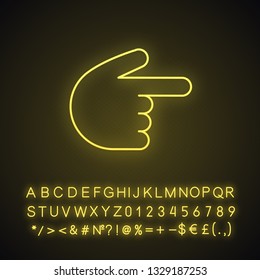 Backhand index pointing right neon light icon. Turn right finger pointer. Hand gesture emoji. Glowing sign with alphabet, numbers and symbols. Vector isolated illustration