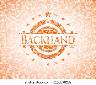 Backhand orange tile background illustration. Square geometric mosaic seamless pattern with emblem inside.