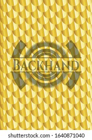 Backhand shiny golden badge. Scales pattern. Vector Illustration. Detailed.