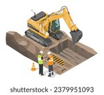 backhoe digging working at construction site isometric and enginneer working with worker islolated Work together concept cartoon vector