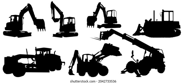 Backhoe Excavator Logo Element Vector Set. Excavator Heavy Equipment Silhouette Vector For Construction Company. 