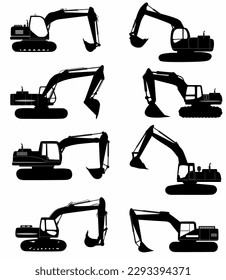 Backhoe excavator Logo element vector silhouette set. Vector silhouette of heavy equipment excavator