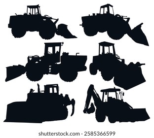 Backhoe excavator Logo element vector set. Excavator heavy equipment silhouette vector for construction company.Set of Construction machines. Mechanical digger silhouette Heavy machinery Bulldozer.